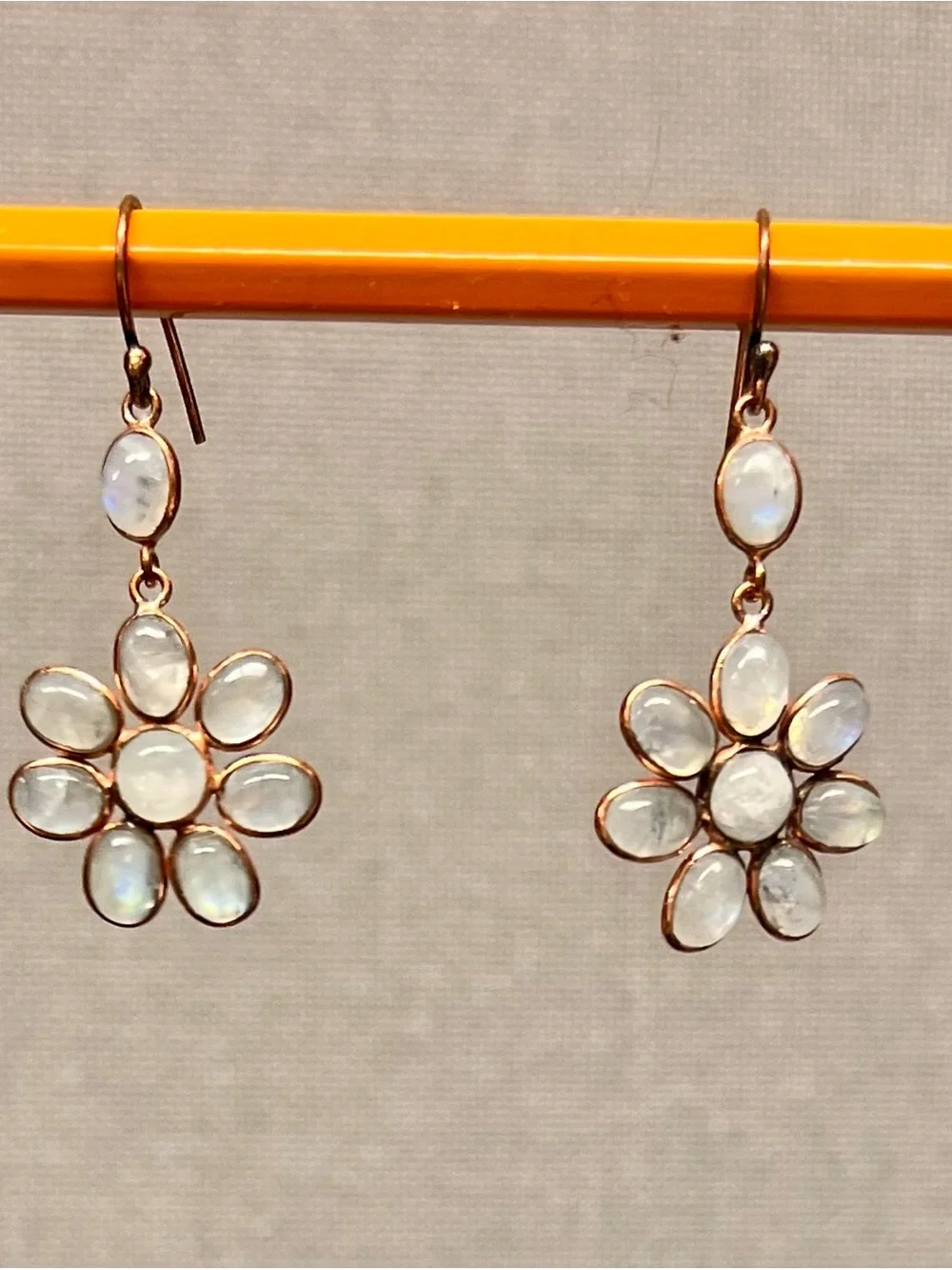 Copper Flower Drop Earrings with Moonstone Cabochons